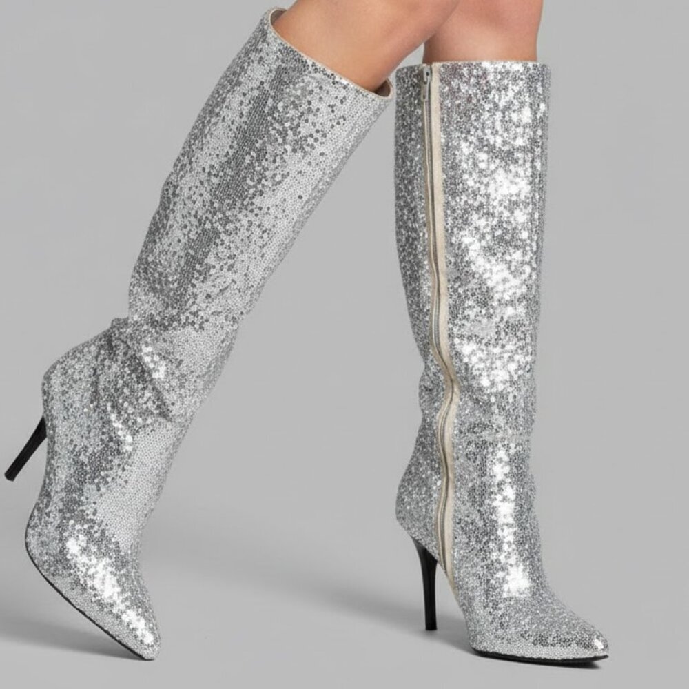 Silver Sequin Knee-High Boots